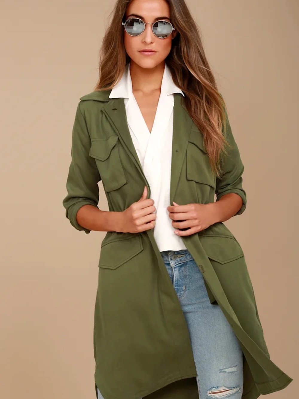 BB Dakota Olive Green Long Utility Jacket with Flap Pockets